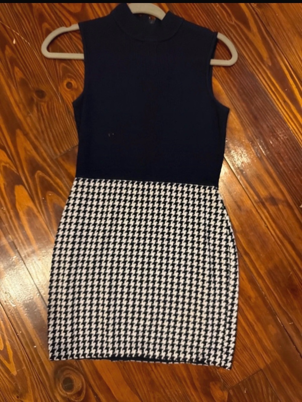 St. John Black Knit Top with Black & White Houndstooth Mini Skirt